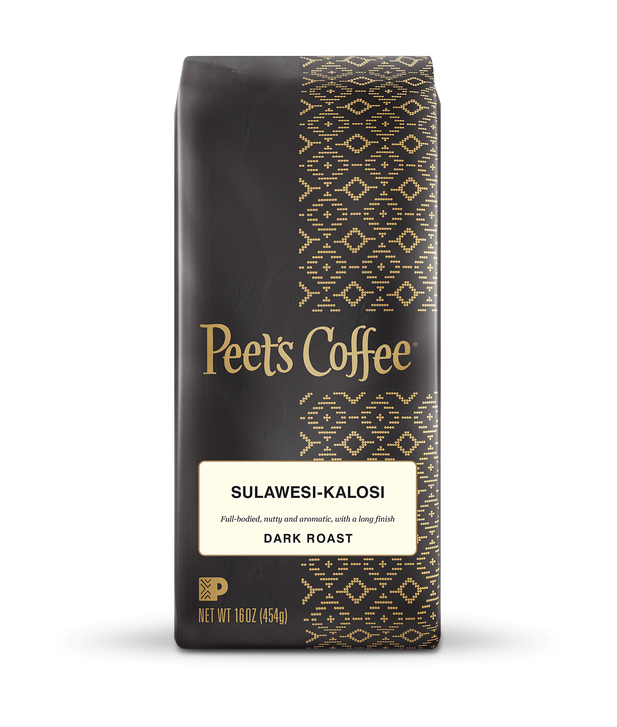 Peet's Coffee Sulawesi-Kalosi Dark Roast Coffee beans in a brown 16 ounce bag
